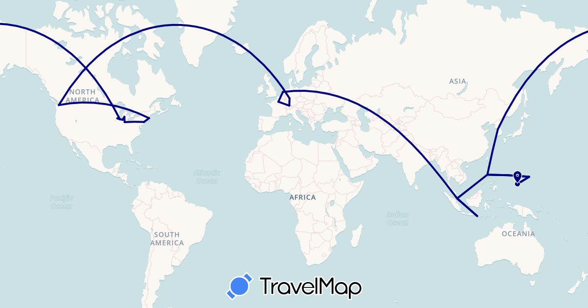 TravelMap itinerary: driving in Switzerland, Germany, Micronesia, France, Indonesia, South Korea, Netherlands, Philippines, Singapore, United States (Asia, Europe, North America, Oceania)